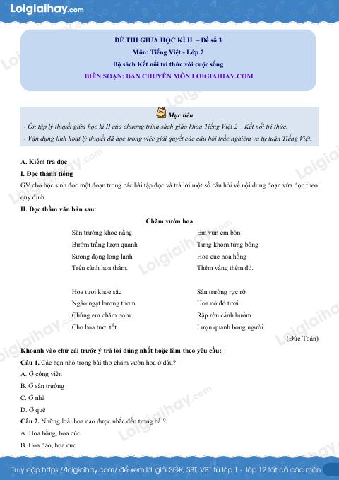 Đề thi giữa học kì 2 Tiếng Việt 2 - Đề số 3